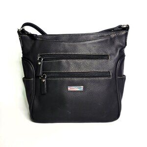 Laura Scott Crossbody Purse Black Faux Leather Adjustable Strap Multiple Pockets